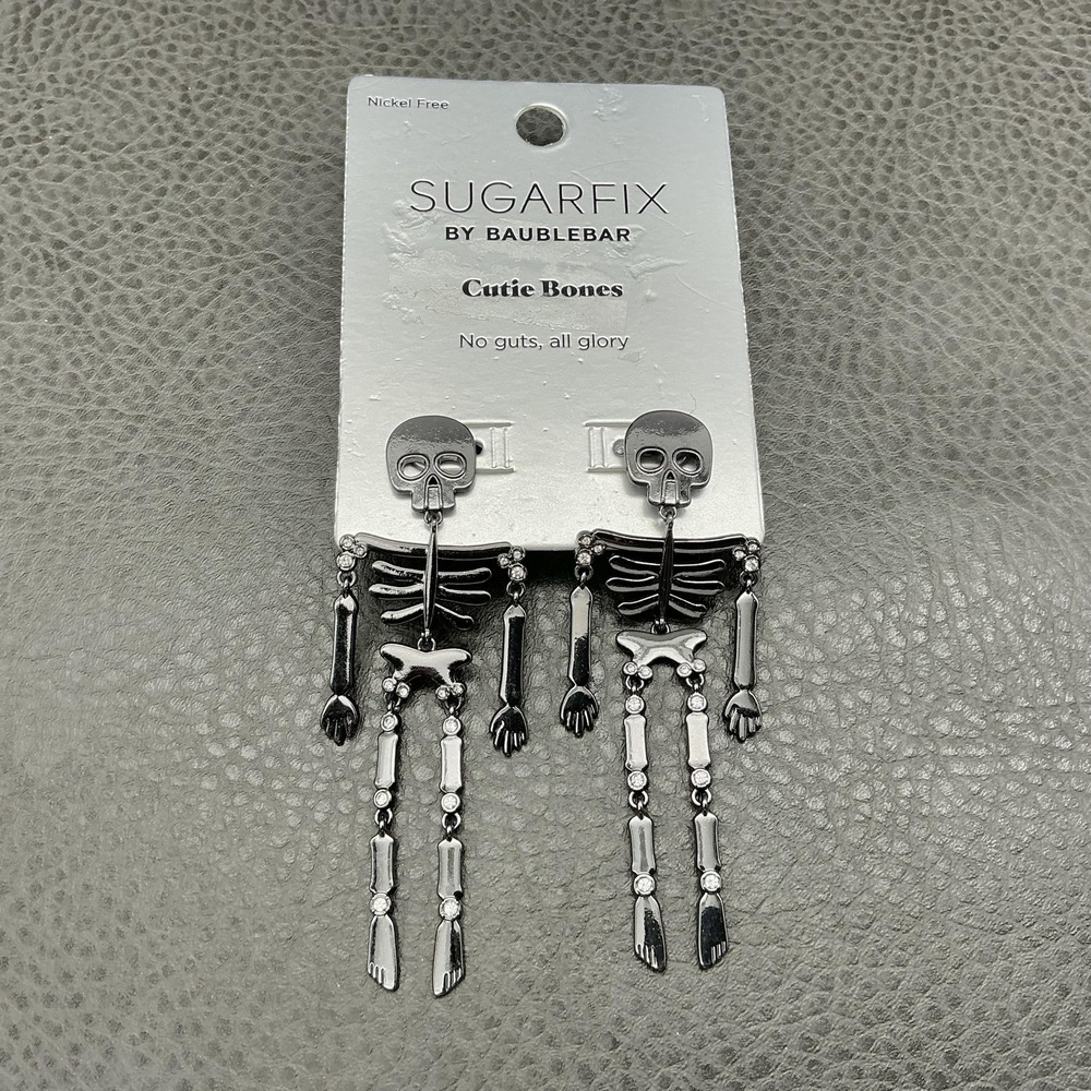 SUGARFIX By BaubleBar Earrings Silver Tone Skeleton Dangle Halloween Jewelry 3"